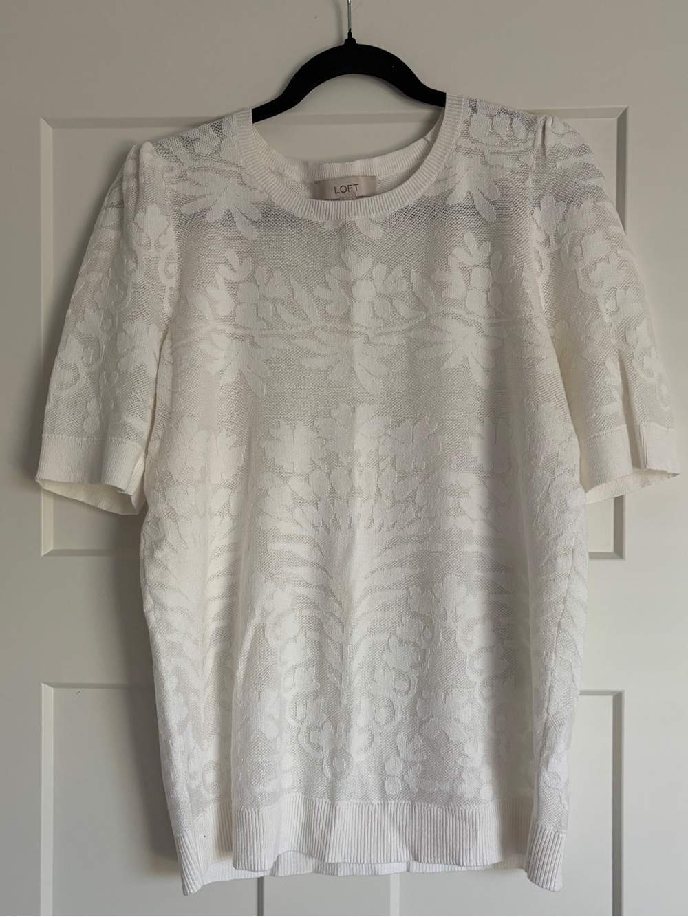 LOFT Cream Floral Jacquard Short-Sleeve Knit Top